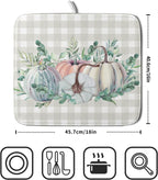 Fall Colorful Pumpkin Dish Drying Mat for Kitchen Counter,Green Leaves Drying Mat with Hanging Loop 16 x 18 Inch Microfiber Grey White Check Plaids Dish Drying Pad Dish Rack Drainer Mat for Coffee Bar