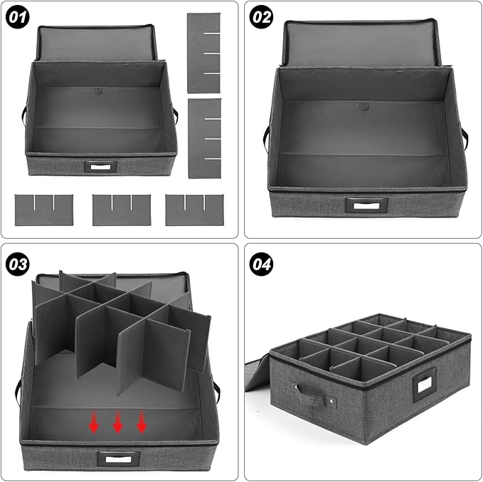 Mug Storage Box with Dividers, China Storage Containers for Tea Cups and Coffee Mugs with Zipper Lid and Rivet Reinforced Handles, Hard Shell and Stackable (Black)