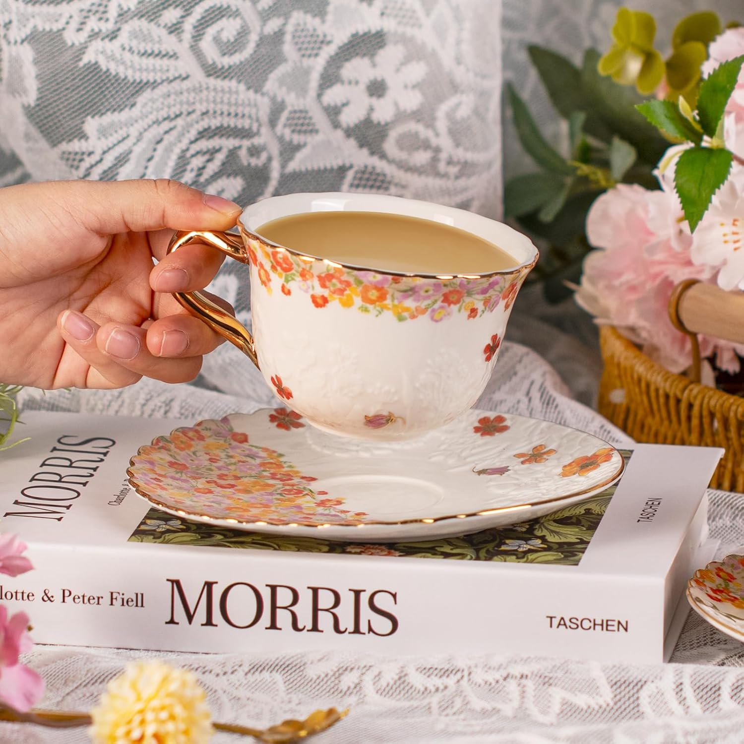 KAMMAK Tea Cups and Saucers Set of 2, Reinforced Porcelain Coffee Cups, 8.5-Ounce Stackable Espresso Mugs, Ceramic Demitasse for Coffee, Cappuccino, Latte, Americano, Tea, Secret Flourish