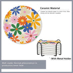 6 Pcs Coasters for Drinks with Holder,Retro Colorful Daisy Flowers 70s Hippie Floral Absorbent Coaster with Cork Backing,Great Gift for Housewarming,Room Decor,Bar,Holiday Party