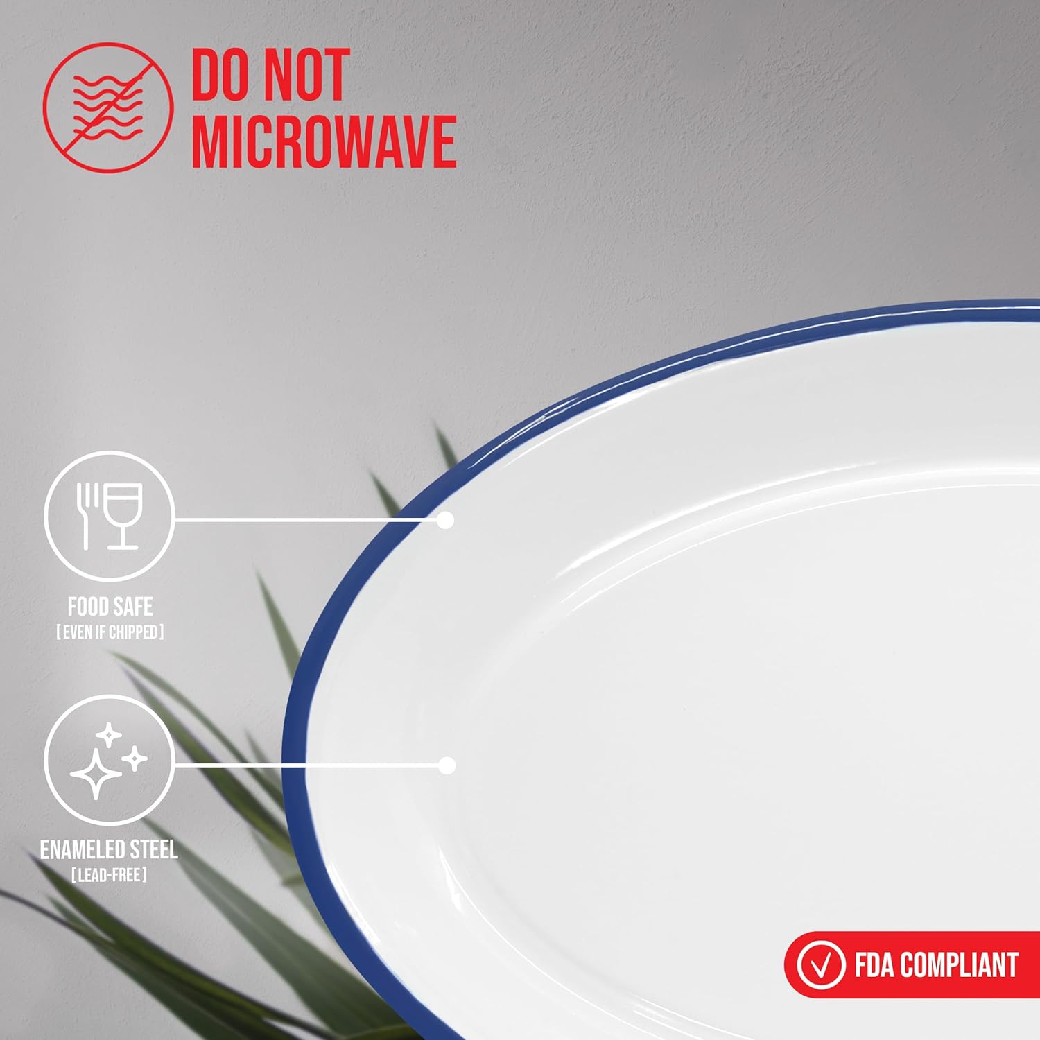 Red Co. Set of 4 Enamelware Metal Classic 13" Serving Oval Tray Platter, Solid White/Navy Blue Rim