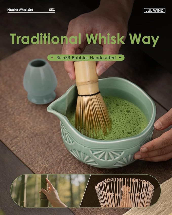Matcha Whisk Set, Ceramic Matcha Set Includes Matcha Bowl with Spout, Matcha Whisk and Holder, Bamboo Scoop, Sifter and Tea Towel - 6 Pcs Matcha Kit Gift for Matcha Lovers (Green)