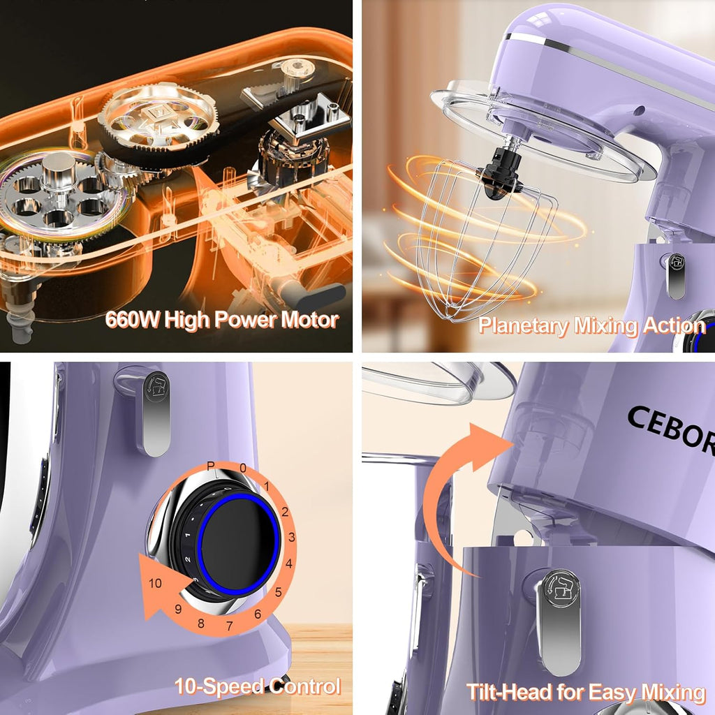 3-IN-1 Electric Stand Mixer, 6.5QT Bowl 660W 10-Speed Kitchen Mixer, Household Food Mixers include Dough Hook, Beater and Whisk, Bread Cake Mixer for Baking and Most Home Cooks, Purple