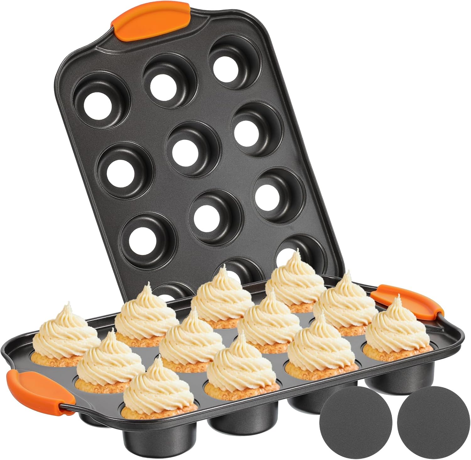 2Pack Mini Cheesecake Pans Removable Bottom Mini Cupcake Pans, 12 Cavity Minii Cheesecake Molds with Silicone Handle Nonslip Muffin Pan Baking Supplies
