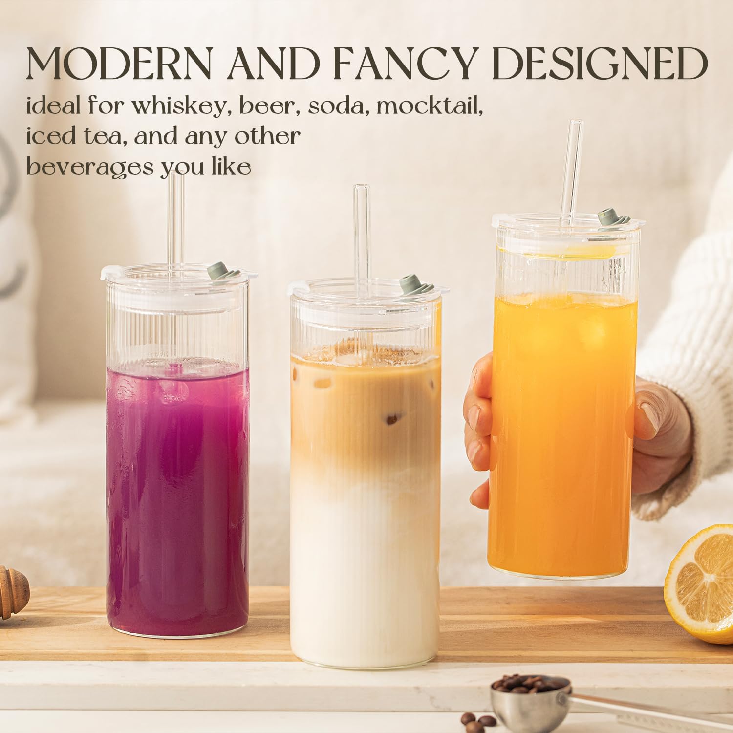 KEMORELA 6-Pack 18oz Ribbed Glass Cups with Lids & Straws – Round Textured Drinking Glasses for Iced Coffee, Bubble Tea, Juice & Smoothies – Reusable Clear Tumblers with Leakproof Lids & Straws