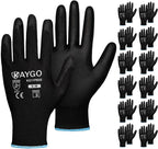 KAYGO Safety Work Gloves PU Coated,12 Pairs KG11PB Seamless Knit Glove for Men and Women, with Smooth Grip on Palm and Fingers, Ideal for General Duty Work (Medium, Black)