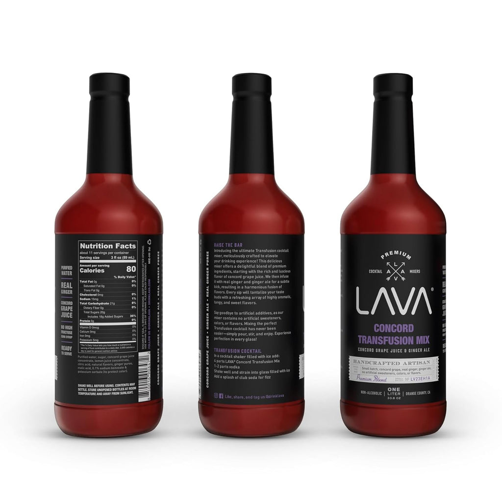 (3 Pack) LAVA Premium Concord Transfusion Mix made with concord grape juice, real ginger, ginger ale, no artificial sweeteners, 1-Liter (33.8oz) Glass Bottle, Ready to Use.