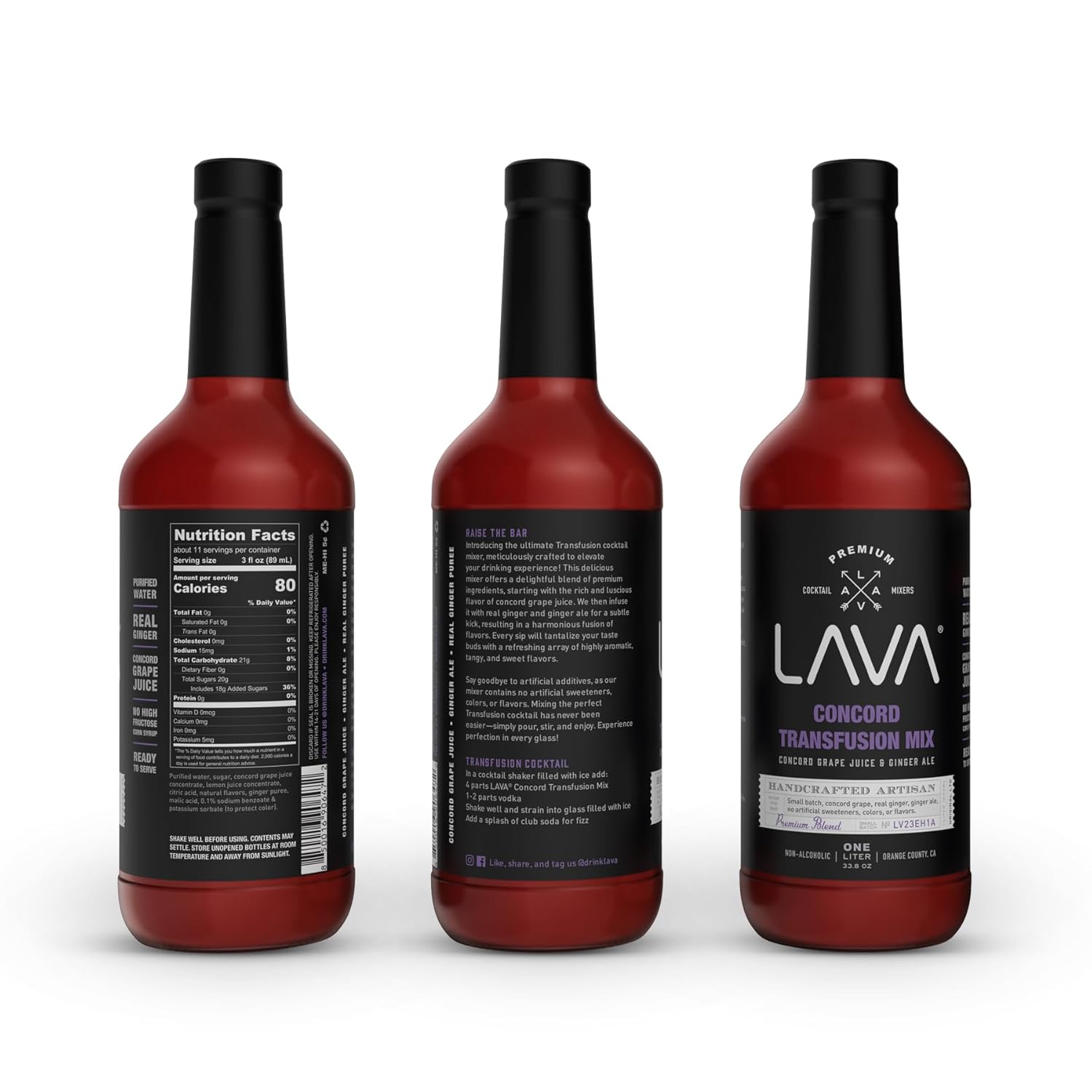 (3 Pack) LAVA Premium Concord Transfusion Mix made with concord grape juice, real ginger, ginger ale, no artificial sweeteners, 1-Liter (33.8oz) Glass Bottle, Ready to Use.