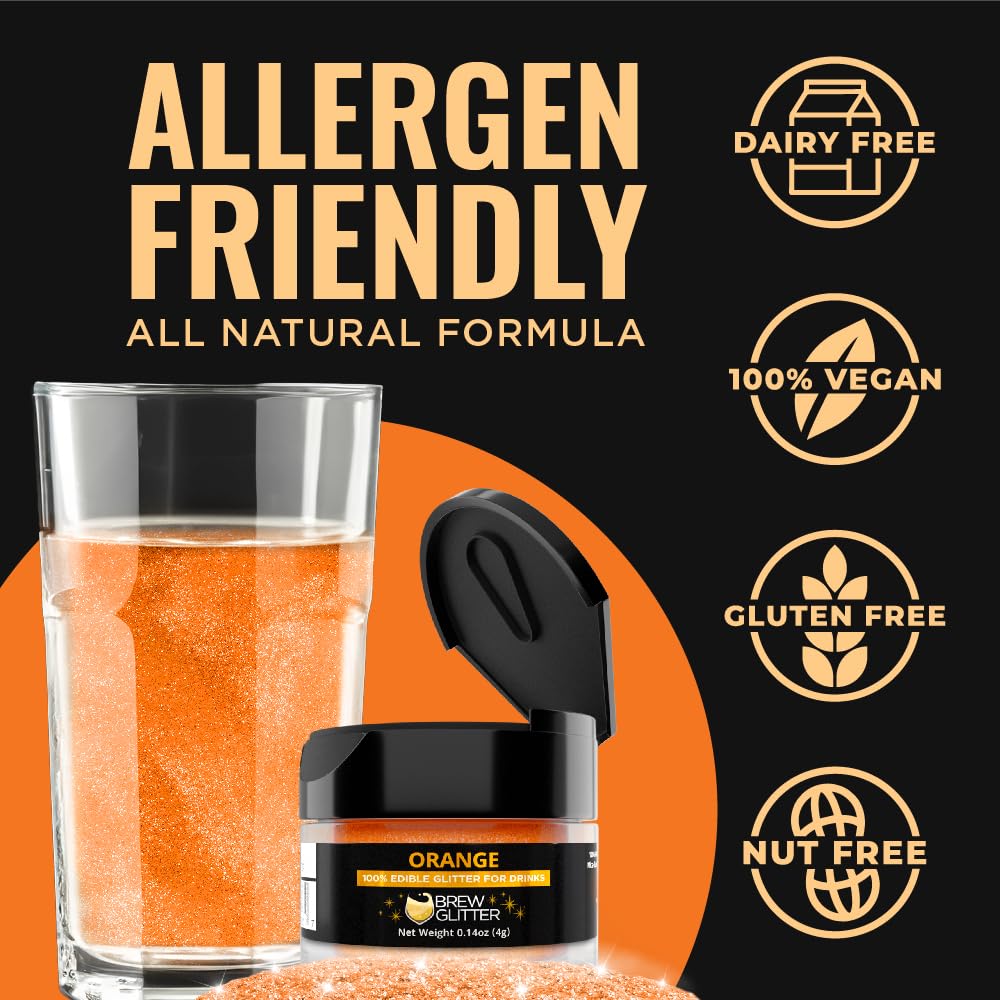 Brew Glitter Orange Edible Drink Glitter 1x 4g Jar for Cocktails, Beer, & Beverages