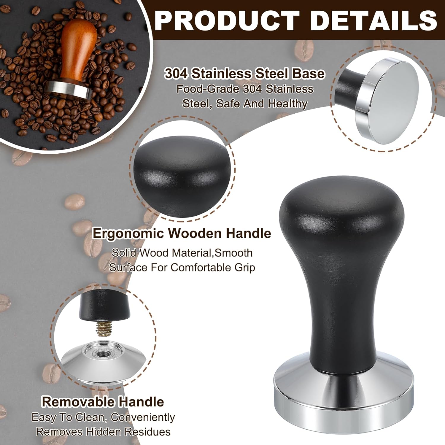 uxcell 53mm Coffee Tamper, Stainless Steel Espresso Press Tamper, Espresso Tamper with Wooden Handle Suitable for Coffee Shop, Restaurant Bar, Bakery (Black)