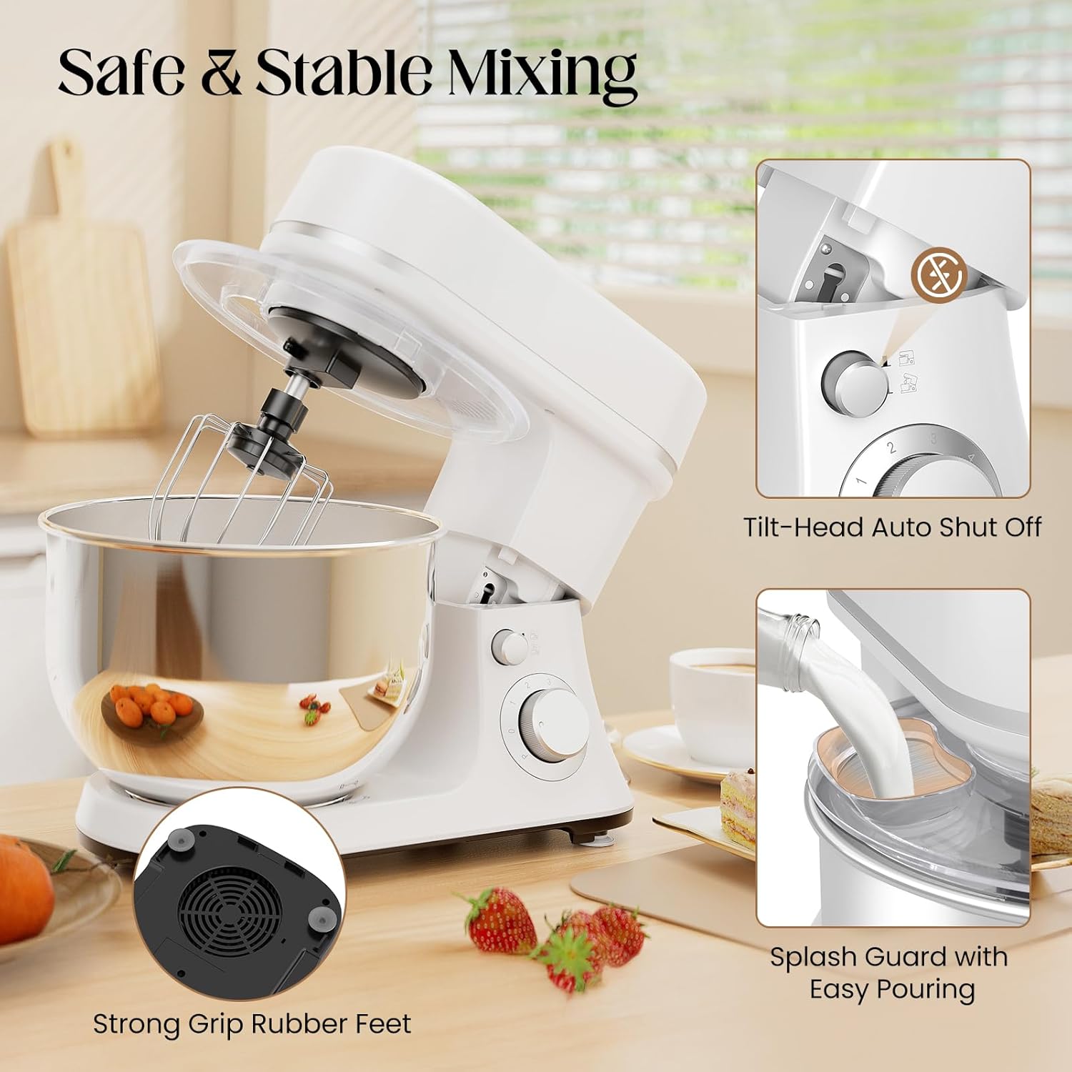 800W Stand Mixer with 5.3QT Bowl, 6-Speed with Pulse Electric Kitchen Mixer, Food Mixer with Dough Hook, Whisk, Beater Tilt-Head & Non-Slip Base for Cookie, Cake, Bread & Baking-White