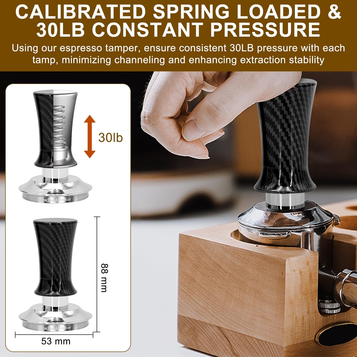 53mm Espresso Coffee Tamper for Espresso Machine: Calibrated Spring Loaded & Stainless Steel Ripple Base - Carbon Fiber Handle with Constant 30lb Fits All 54mm Portafilters | Bundle Including WDT Tool