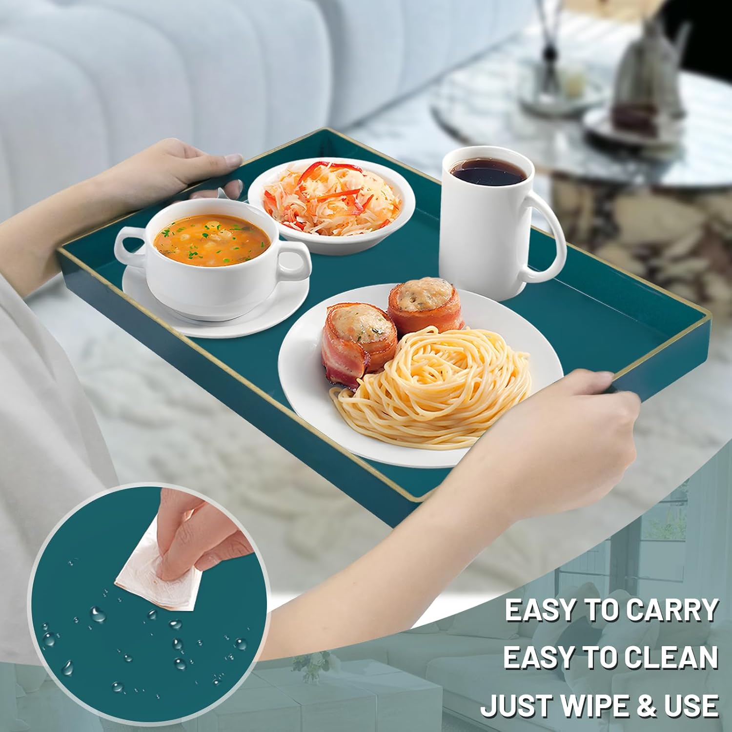 MAONAME Green Serving Tray Set of 2, Plastic Decorative Tray with Handles, Rectangular Coffee Table Trays for Ottoman, Nesting Trays for Living Room, Bedroom