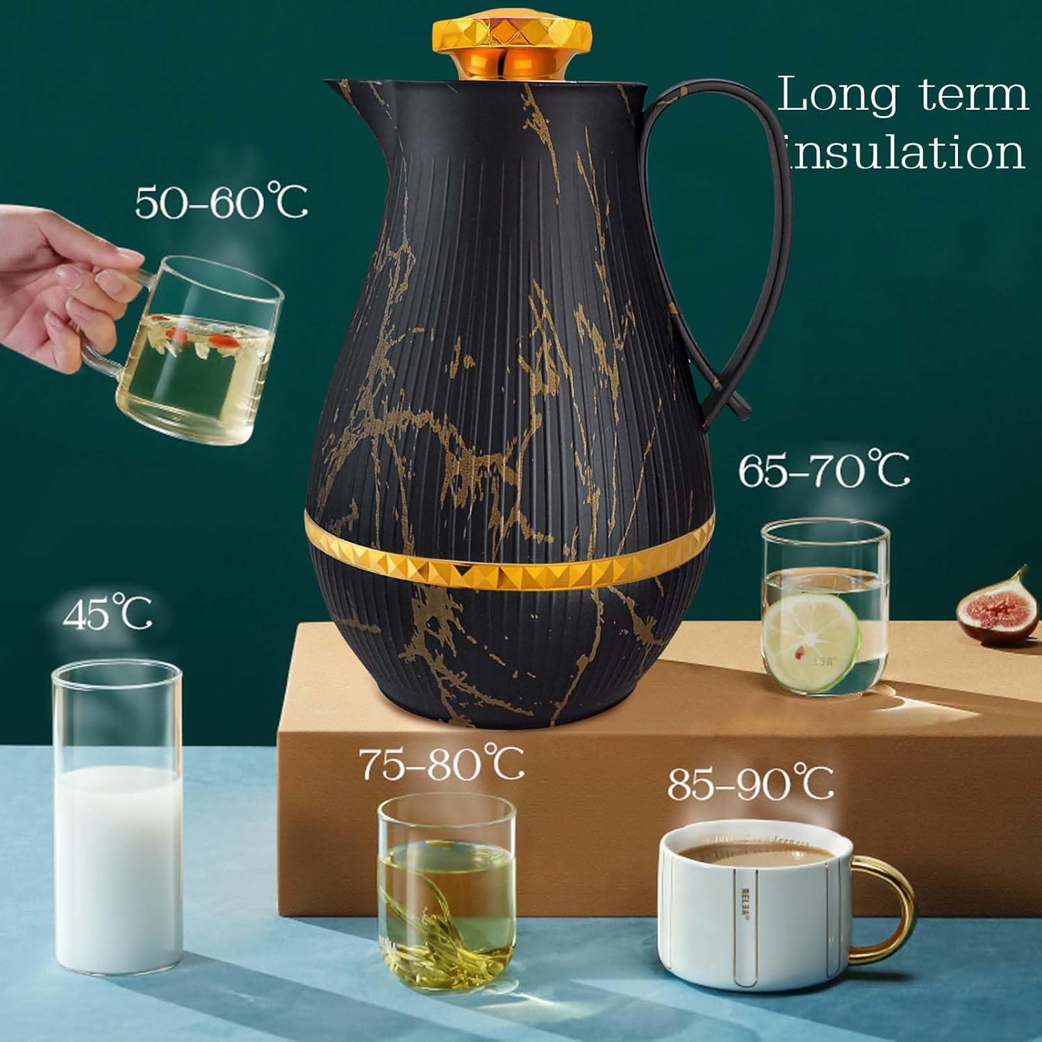Insulated Thermal Coffee Carafe, 33 oz, Luxury Arabic-Style Insulated Carafe Flask, Coffee Tea Pot, with Spout and Glass Liner for Hot Cold Water, Housewarming Ornaments (Black and Gold)