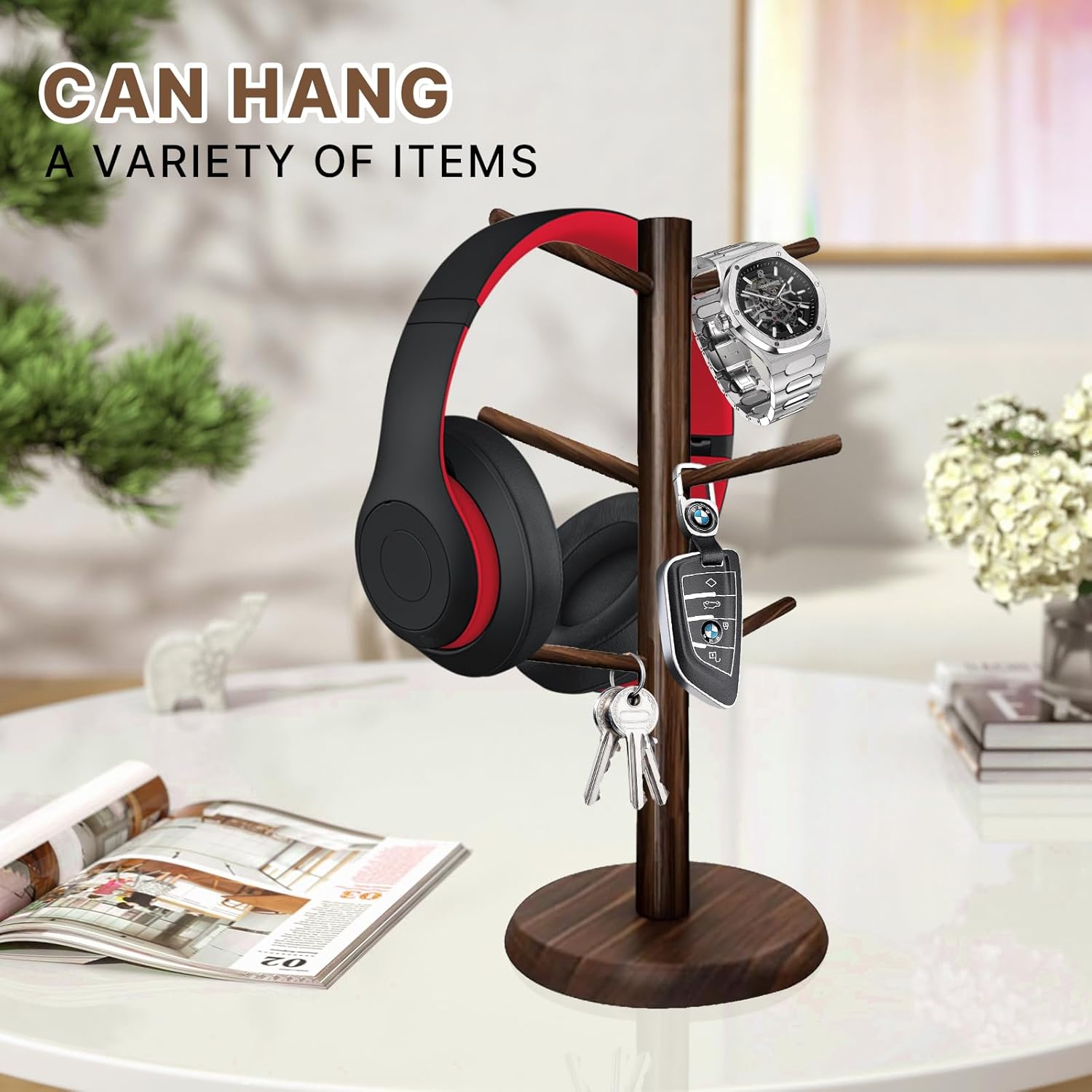 Wooden Mug Holder Tree, Coffee Cup Holder, Mug Organizer with 6 Hooks (Burnt)