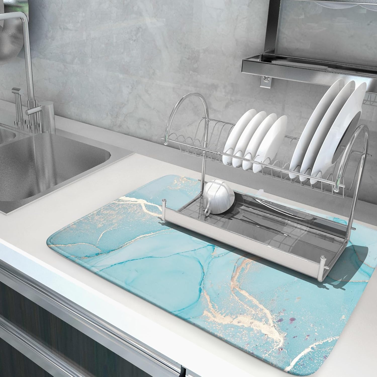 Teal Blue Marble Dish Drying Mat for Kitchen Counter Decor 18x24 Inch Absorbent Reversible Microfiber Turquoise Gold Dish Drying Pad Green Dish Drainer Rack Mats for Coffee Bar