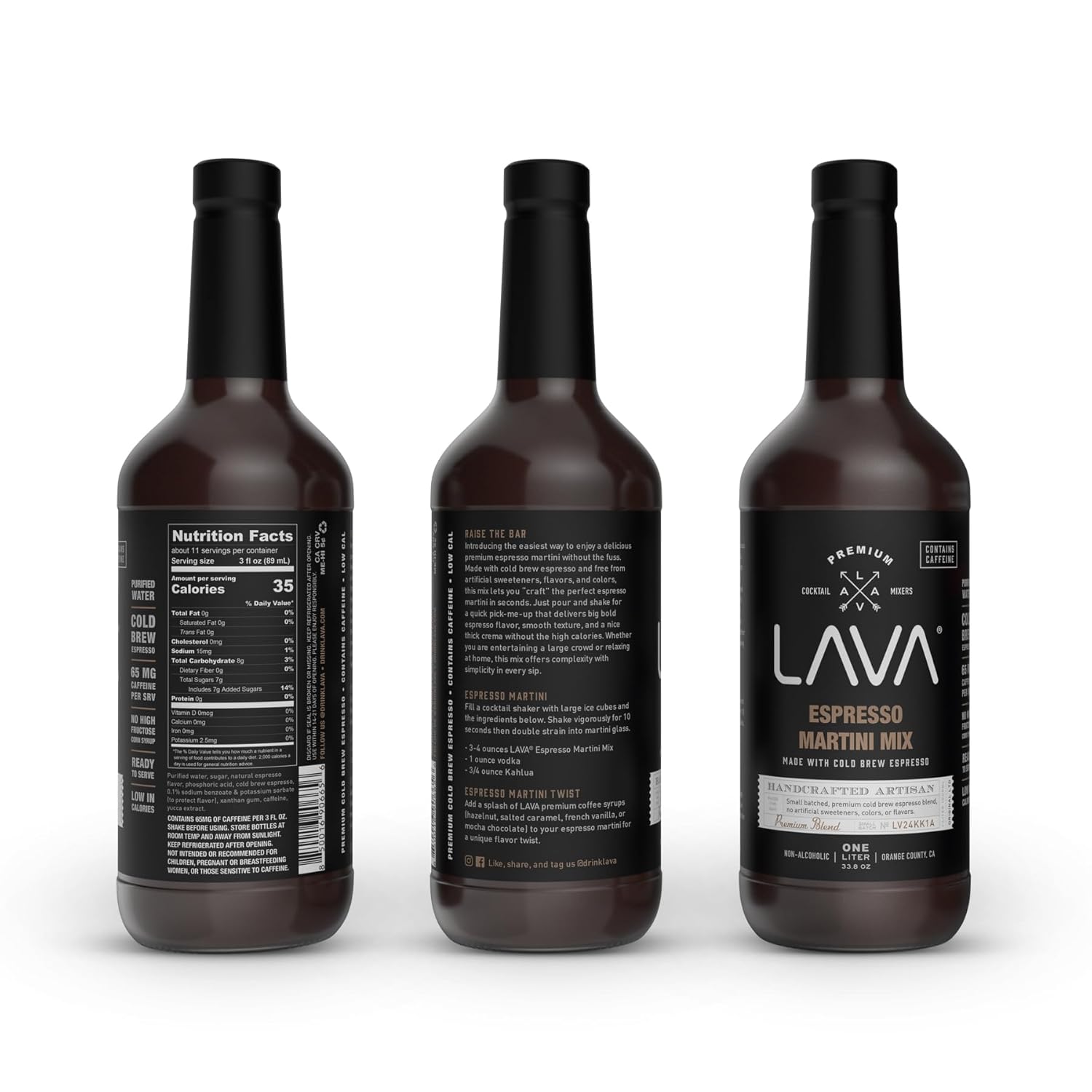 LAVA Premium Espresso Martini Mix, Cold Brew Espresso, 65mg Caffeine Per Serv., No Artificial Sweeteners, Colors, or Flavors, Espresso Martini Gift, 1-Liter (33.8oz) Glass Bottle
