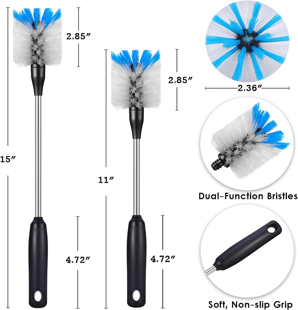 Stainless Steel Bottle Brush with Replaceable Head, 2 Pack Long Handle Scrubbing Brush for Water Bottles, Glasswares, Mugs, Flasks, Tumblers, Vases, and Kitchen Sink, 13 in - 15 in