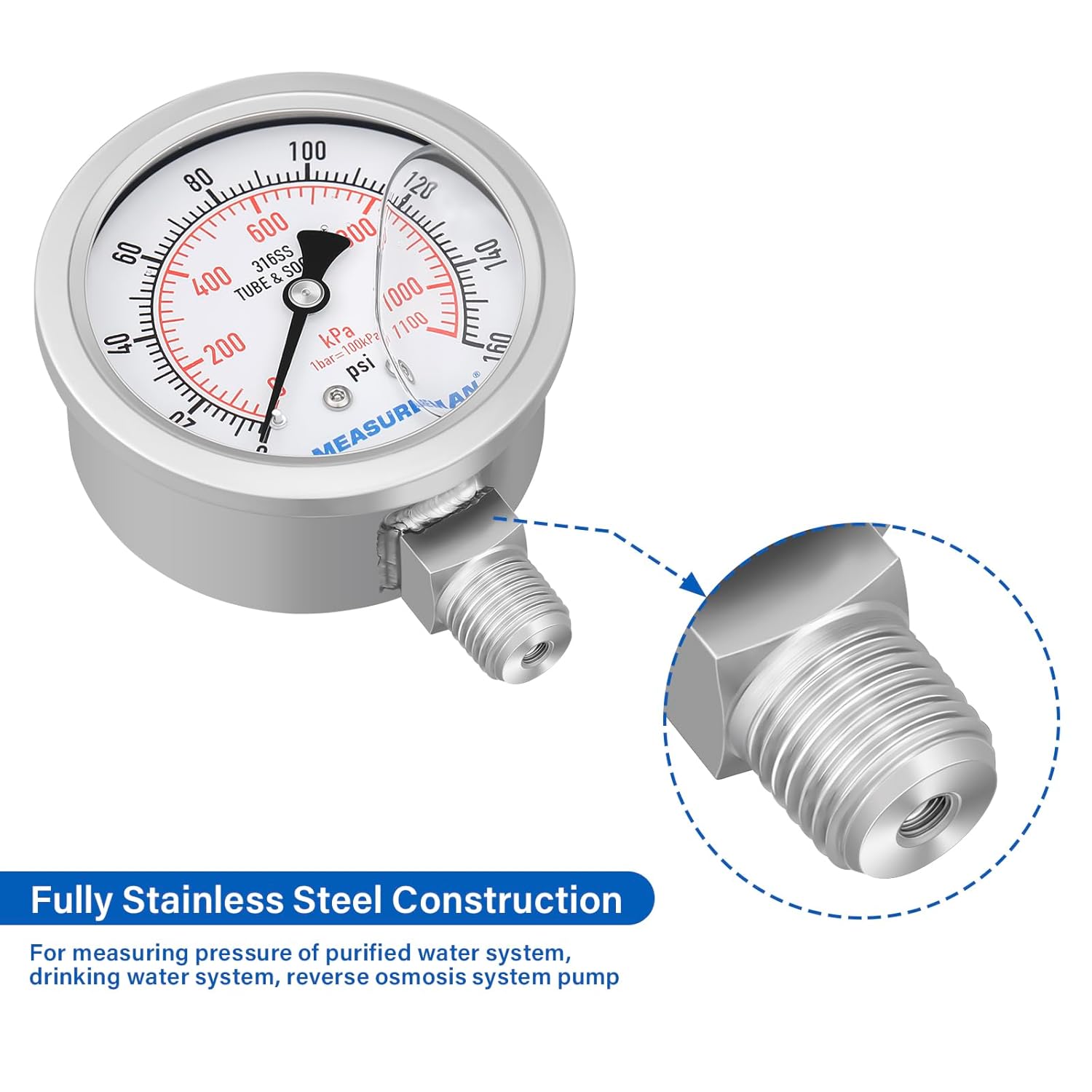 MEASUREMAN Fully Stainless Steel Hydraulic Glycerin Filled Pressure Gauge, 2-1/2" Dial Size,0-160psi/kpa,1/4" NPT Lower Mount