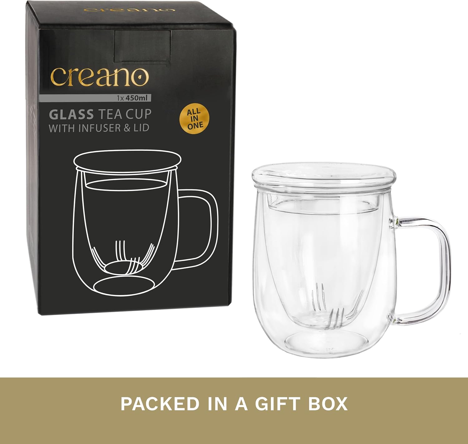 Creano Tea Glass 450 ml – Large Tea Cup with Strainer and Glass Lid – An ideal Tea Maker