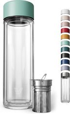 Glass Multi Tea Infuser Bottle 14oz - Double Wall Borosilicate Glass Flask | No Plastic Touches Contents | Perfect for Office or Home - Light Green