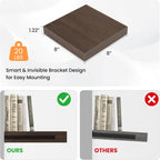 Square Floating Shelves for Wall, 8" W x 8" D x 1.2" H, Small Wooden Wall Mounted Display Shelves with Invisible Brackets for Living Room, Bedroom, Bathroom, Kitchen Decor, Set of 4, Walnut