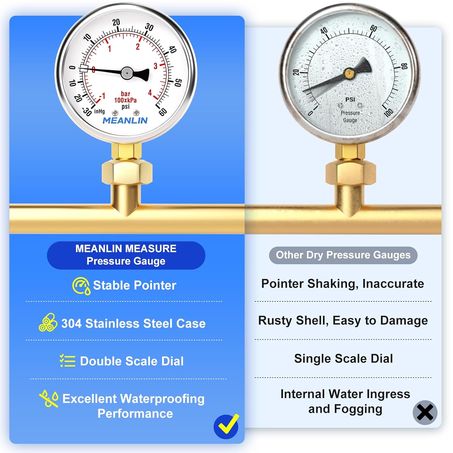 MEANLIN MEASURE -30inHG~60Psi Vacuum Gauge Stainless Steel 1/4" NPT 2" FACE DIAL Waterproof for Air Compressor HVAC Negative Pressure Hand Pump Pool Lower Mount, with 1/2" NPT and 3/8" NPT Hex Bushing
