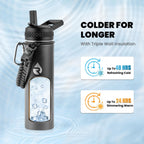 Insulated Water Bottle 20 oz, Triple Wall Vacuum Stainless Steel (Cold for 48 Hrs), Leak Proof & Non-BPA, Kids Water Bottle Jug for School with Straw Spout Lids, Dark Gray