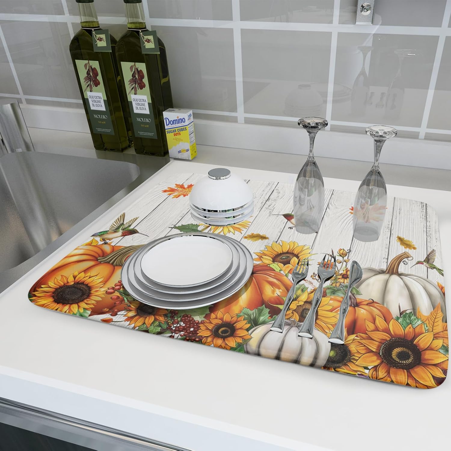 Autumn Harvest Pumpkin Dish Drying Mat for Kitchen Counter Sunflower Maple Leaves Fall Dish Drying Mat 18”x24” Thanksgiving Dishes Pad Dish Drainer Rack Mats Absorbent Fast Dry Kitchen Accessories