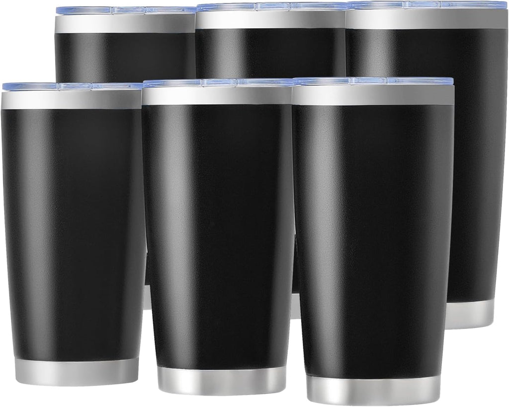 OMTech 20oz Tumblers Bulk, 6pc Stainless Steel Tumbler Set with Lid & Straw, Double Wall Vacuum Insulated Mug for Laser Engraver, Travel Coffee Mug for Hot & Cold Drinks, Black Powder Coated Cup