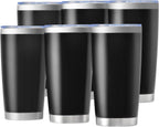 OMTech 20oz Tumblers Bulk, 6pc Stainless Steel Tumbler Set with Lid & Straw, Double Wall Vacuum Insulated Mug for Laser Engraver, Travel Coffee Mug for Hot & Cold Drinks, Black Powder Coated Cup
