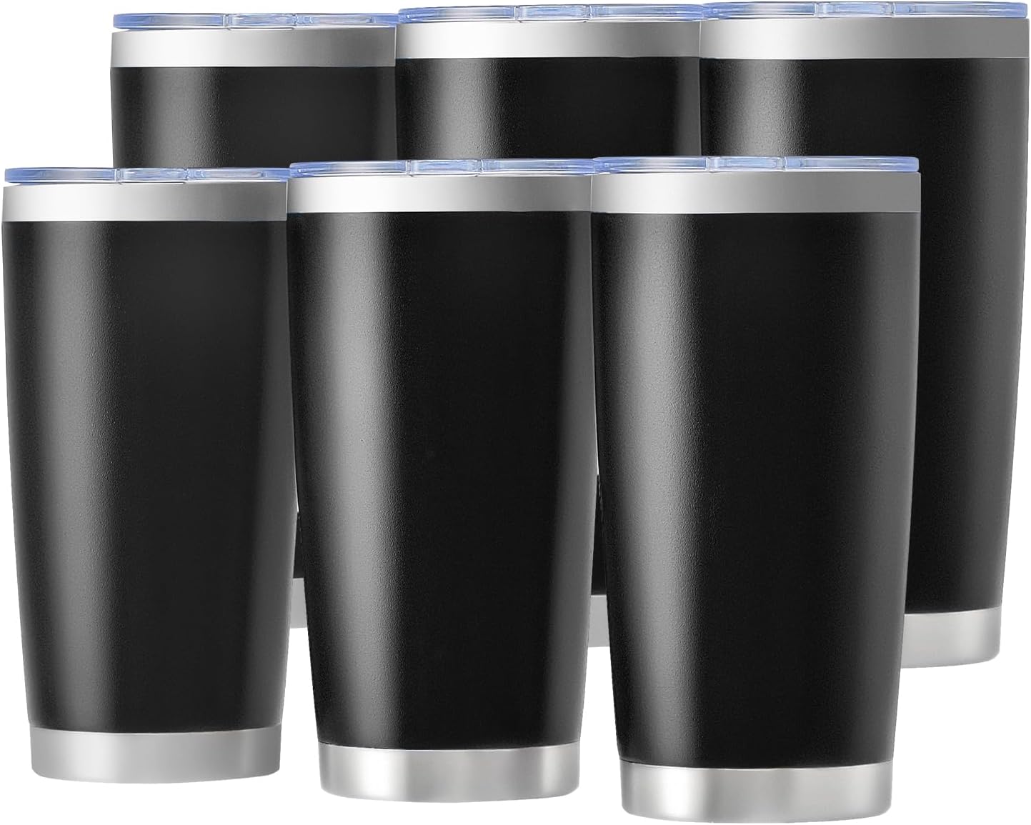 OMTech 20oz Tumblers Bulk, 6pc Stainless Steel Tumbler Set with Lid & Straw, Double Wall Vacuum Insulated Mug for Laser Engraver, Travel Coffee Mug for Hot & Cold Drinks, Black Powder Coated Cup