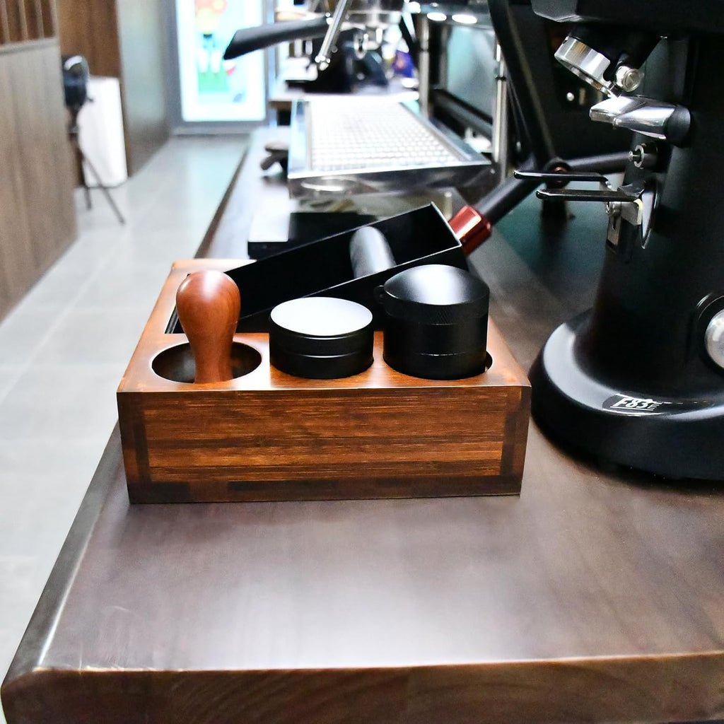 13.4'' Large Espresso Knock Box and Tamping Station, Solid Wood Espresso Accessories Organizer Box for 51MM-58MM Tamper, Distributor, Portafilter, High-Capacity Espresso Coffee Organizer