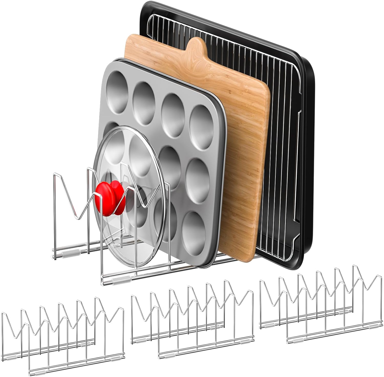 3 Pack Pot Lid Organizer for Cabinet, Stainless Steel Pot Lid Holder with Anti-slip Silicone Mat, Lid Rack for Pans Pots, Bakeware, Plates, Cookie Sheets, Trays, Cutting Boards, Silver