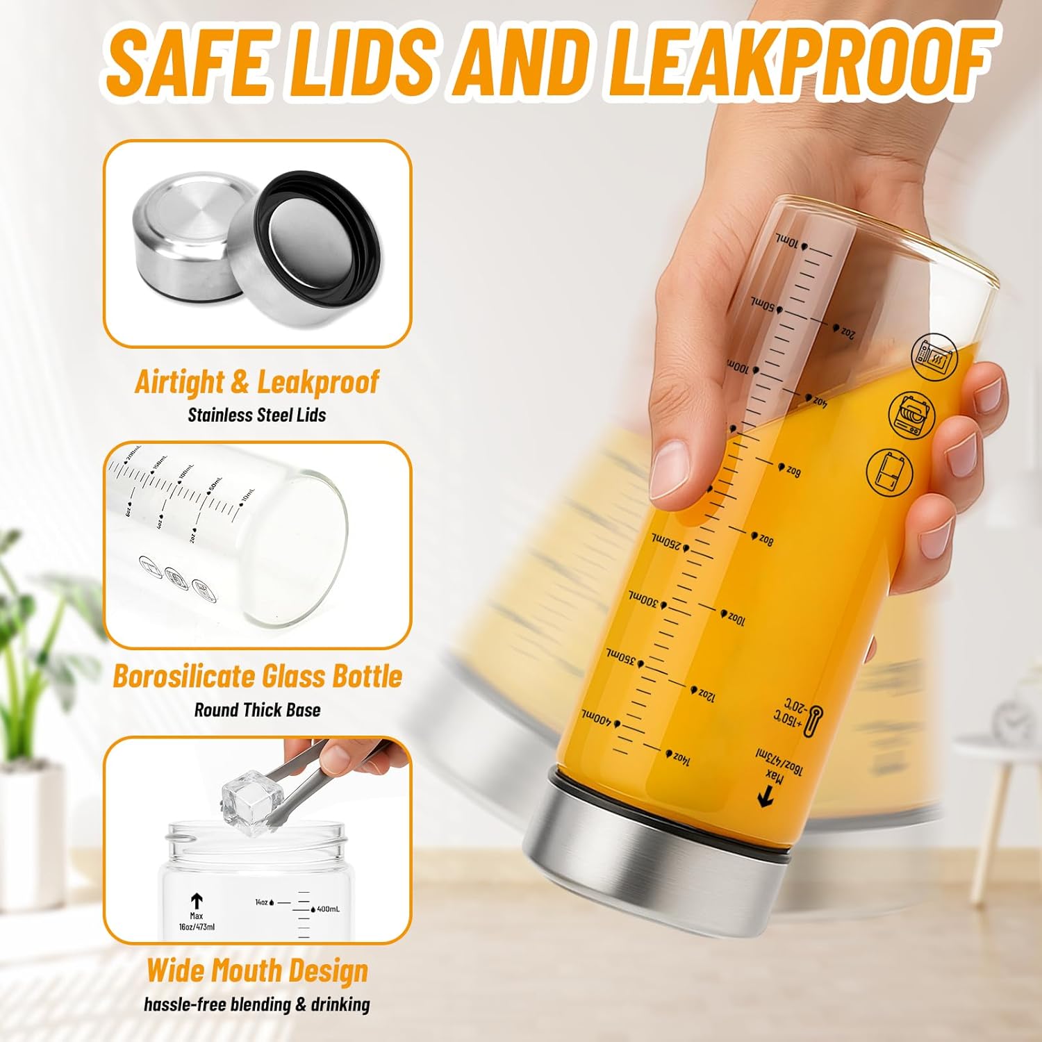 16oz Glass Water Bottles with Lids, 4 Pack Reusable Wide Mouth Juice Bottles with Stainless Steel Caps, Leakproof Borosilicate Glass for Juicing, Smoothies & Storage, BPA-Free,Dishwasher Safe