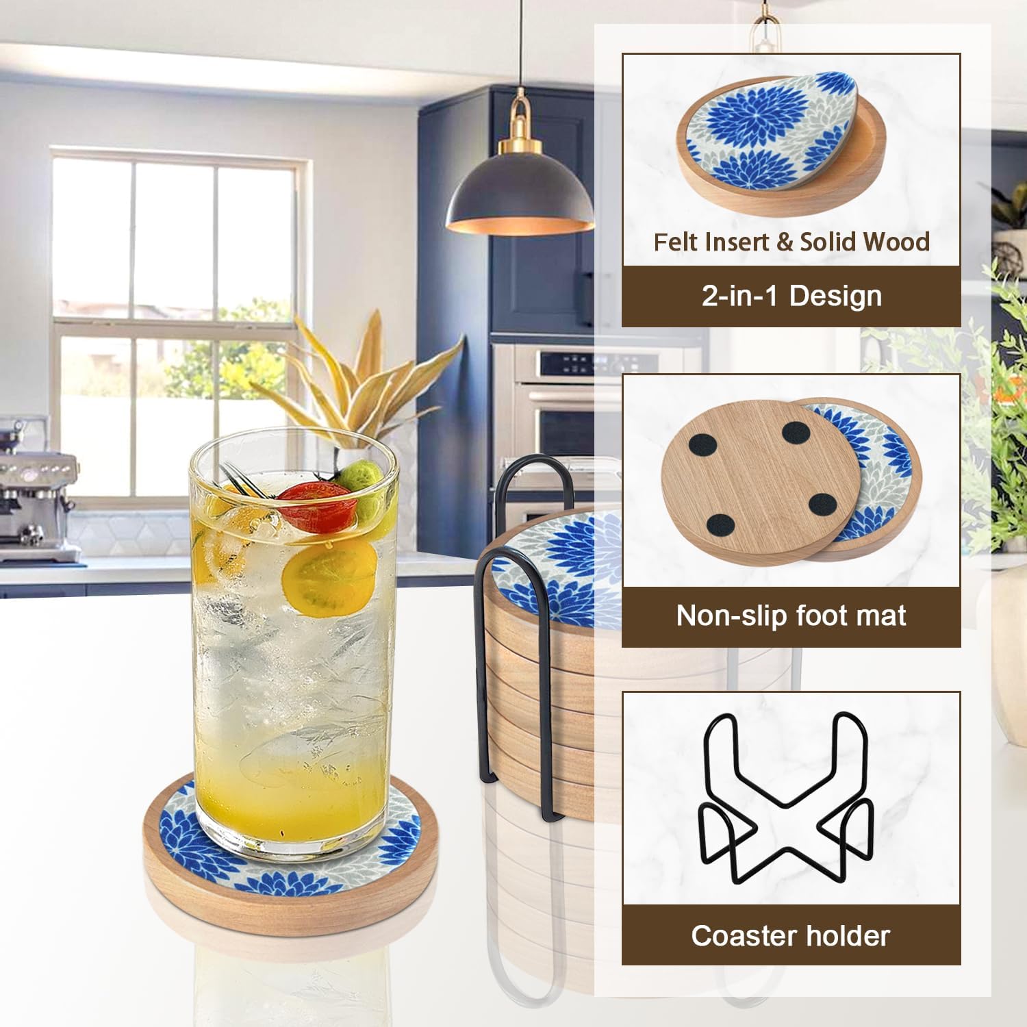 Wood Coasters Set of 6 with Holder, Cewiru Cup Mat for Drinks, Absorbent Coasters with Felt Insert for Coffee Table Protection, Modern Style Home Dining Table Decor, 4.3" Blue