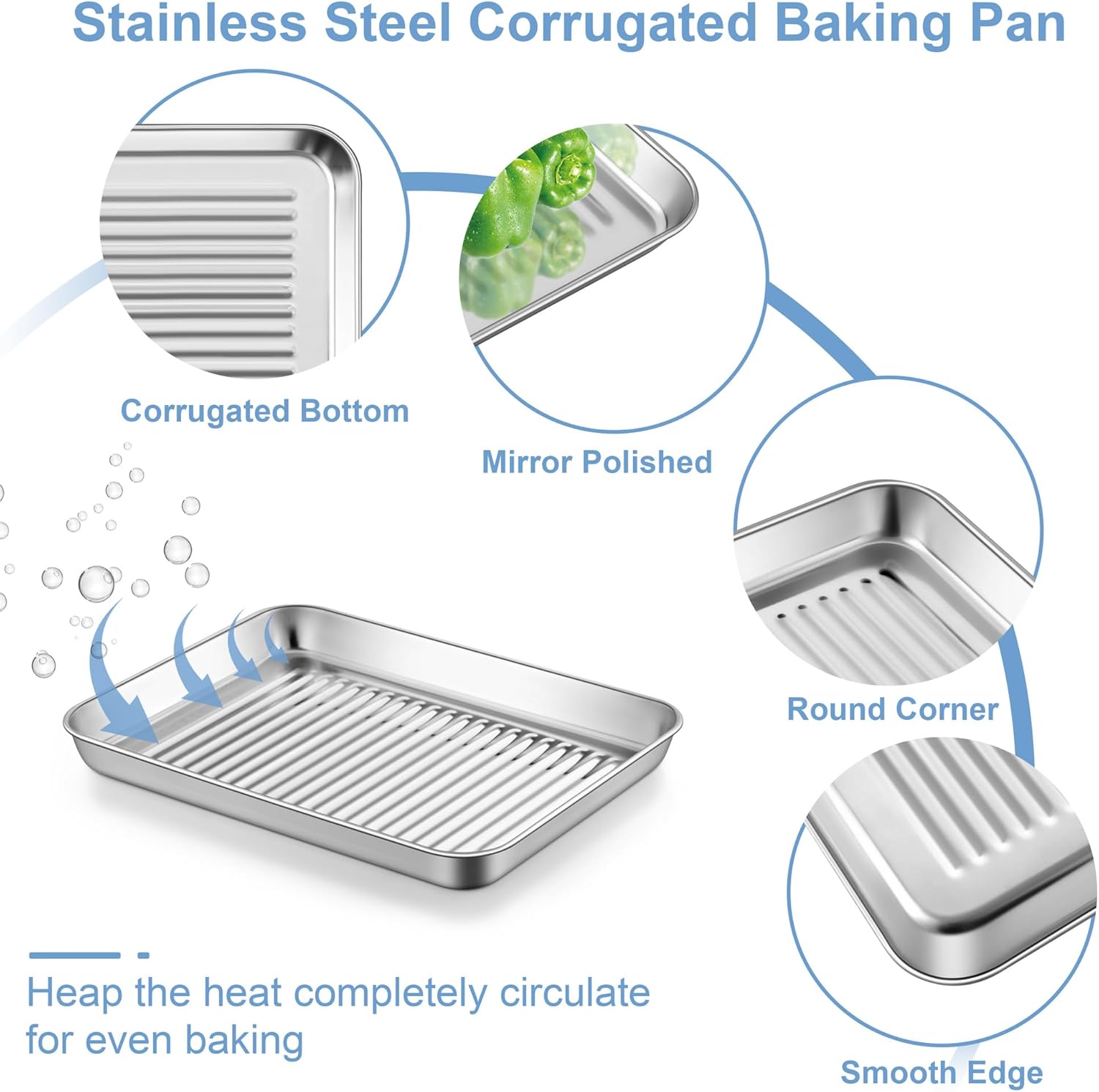 TeamFar Toaster Oven Pan with Cooling Rack, Stainless Steel Mini Baking Tray for Compact Toaster Oven, 9 Inch, Corrugated Bottom & Grid Mesh, Healthy & Heavy-Duty, 1 Pan + 1 Rack