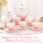 DUJUST 22 pcs Porcelain Tea Set for 6, Luxury British Style Tea/Coffee Cup Set with Golden Trim, Beautiful Tea Set for Women, Tea Party Set, Gift Package (With a Stand) - Gradient Pink