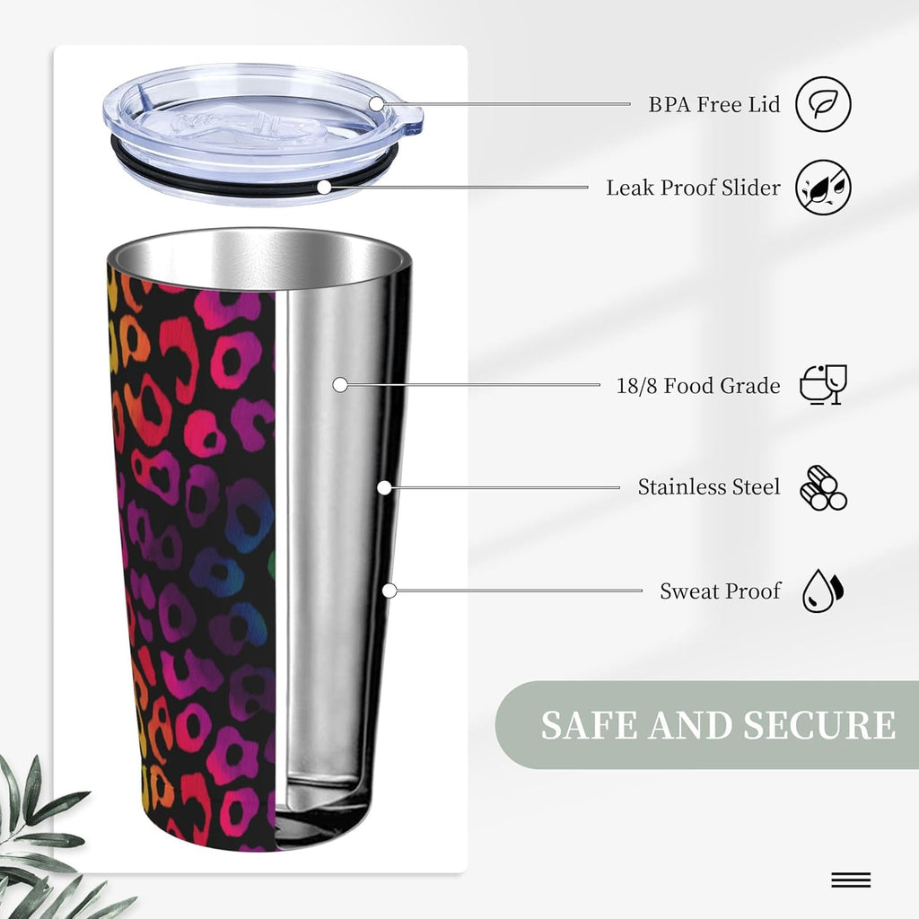 Leopard Print Tumbler with Lid and Straw 20oz Coffee Tumblers Leakproof Stainless Steel Travel Mug Vacuum Insulated Cup for Iced and Hot