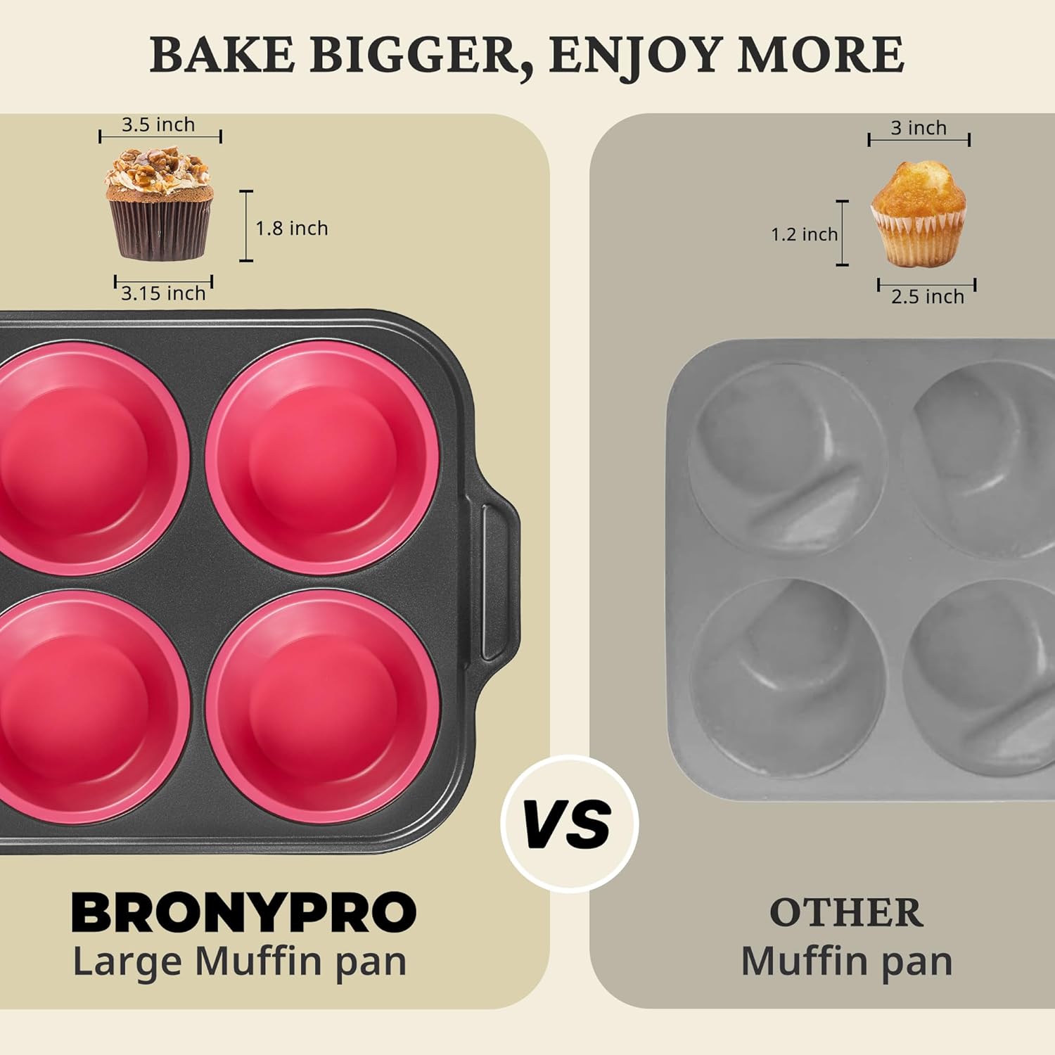 BRONYPRO Jumbo Silicone Muffin & Cupcake Pan for Baking with Metal Frame, Extra Large 3.5dia Muffin Tins Easy to Pop Nonstick Non Toxic Bakeware for Oven, Rose Pink