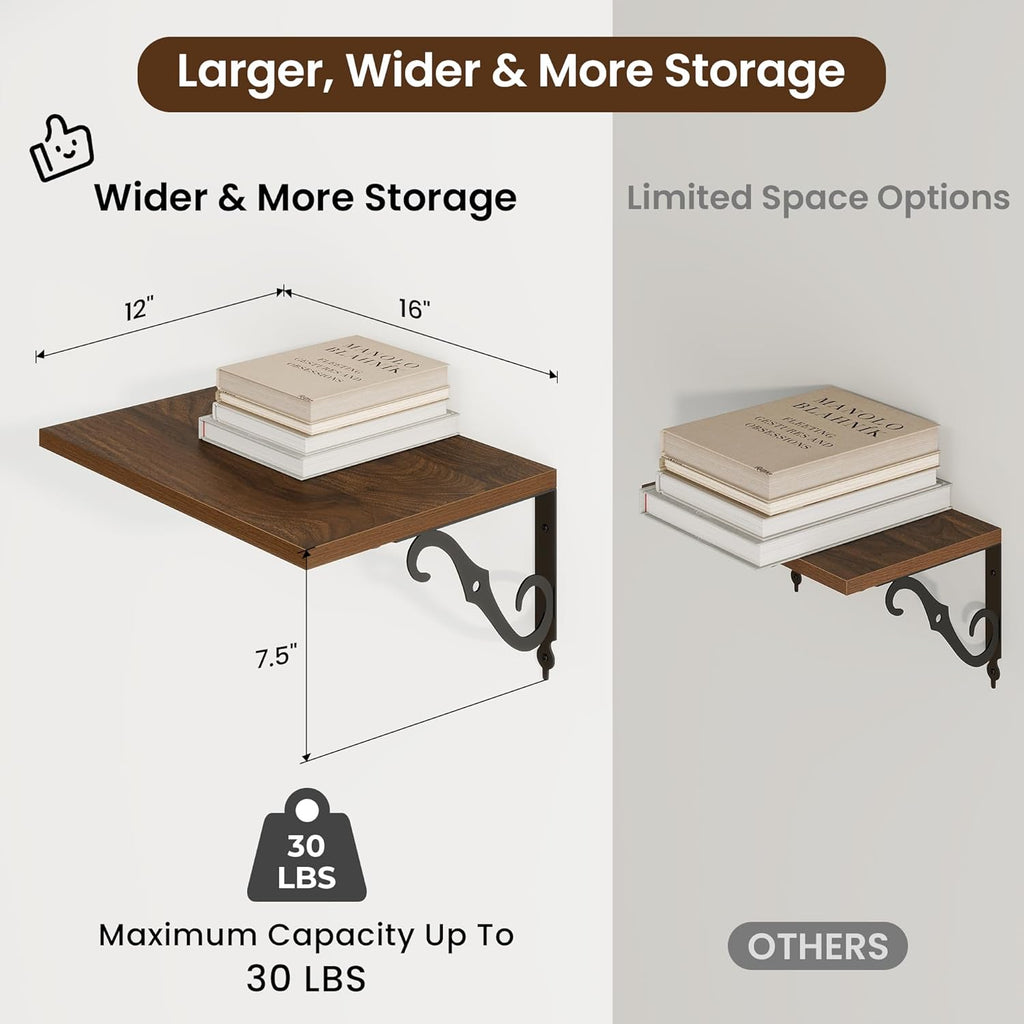 RICHFOCUS 12 Inch Deep Floating Shelves for Wall, 16" W x 12" D Wood Wall Shelves Set of 2, Wide Floating Shelves for Living Room, Bedroom, Kitchen, Bathroom and Decor Storage, Walnut