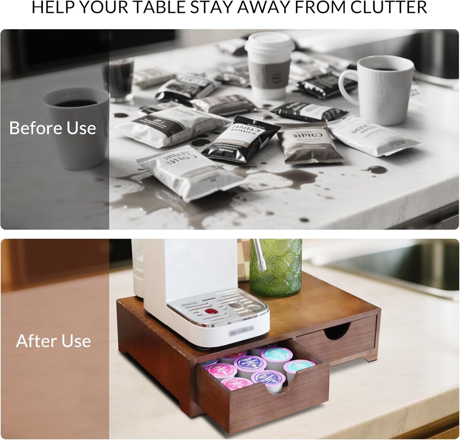 Wooden Coffee Pod Organizer with 4 Anti-Slip Feet, Elevated Coffee Pod Storage Box, Tea & Coffee Capsule Holder, 30 Pod Capacity with Drawer for Moisture Protection