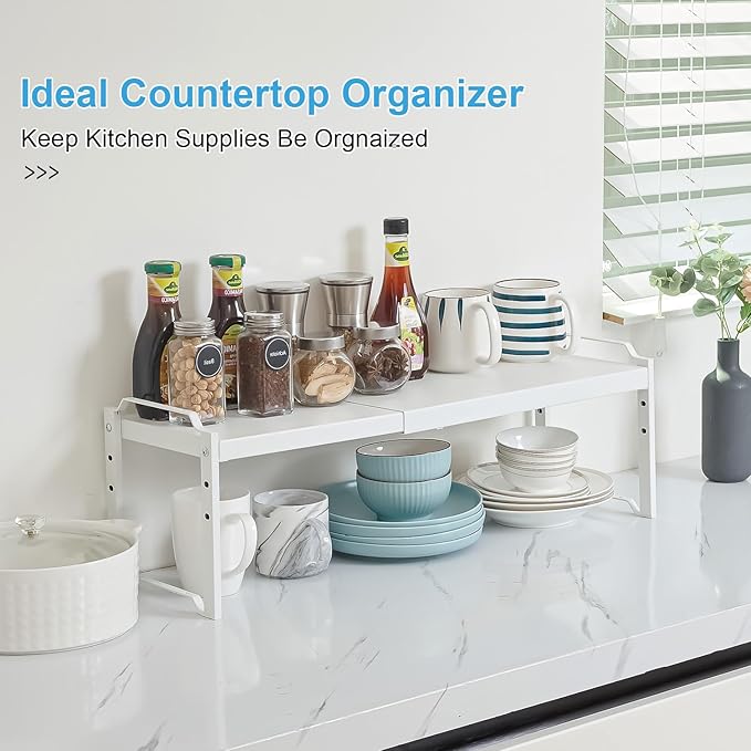 2 Pack Stackable Expandable Shelves For Kitchen Cabinet Countertop Storage, Adjustable Counter Cupboard Pantry Organizer Shelf Rack Stand, Length:25.5 Inch