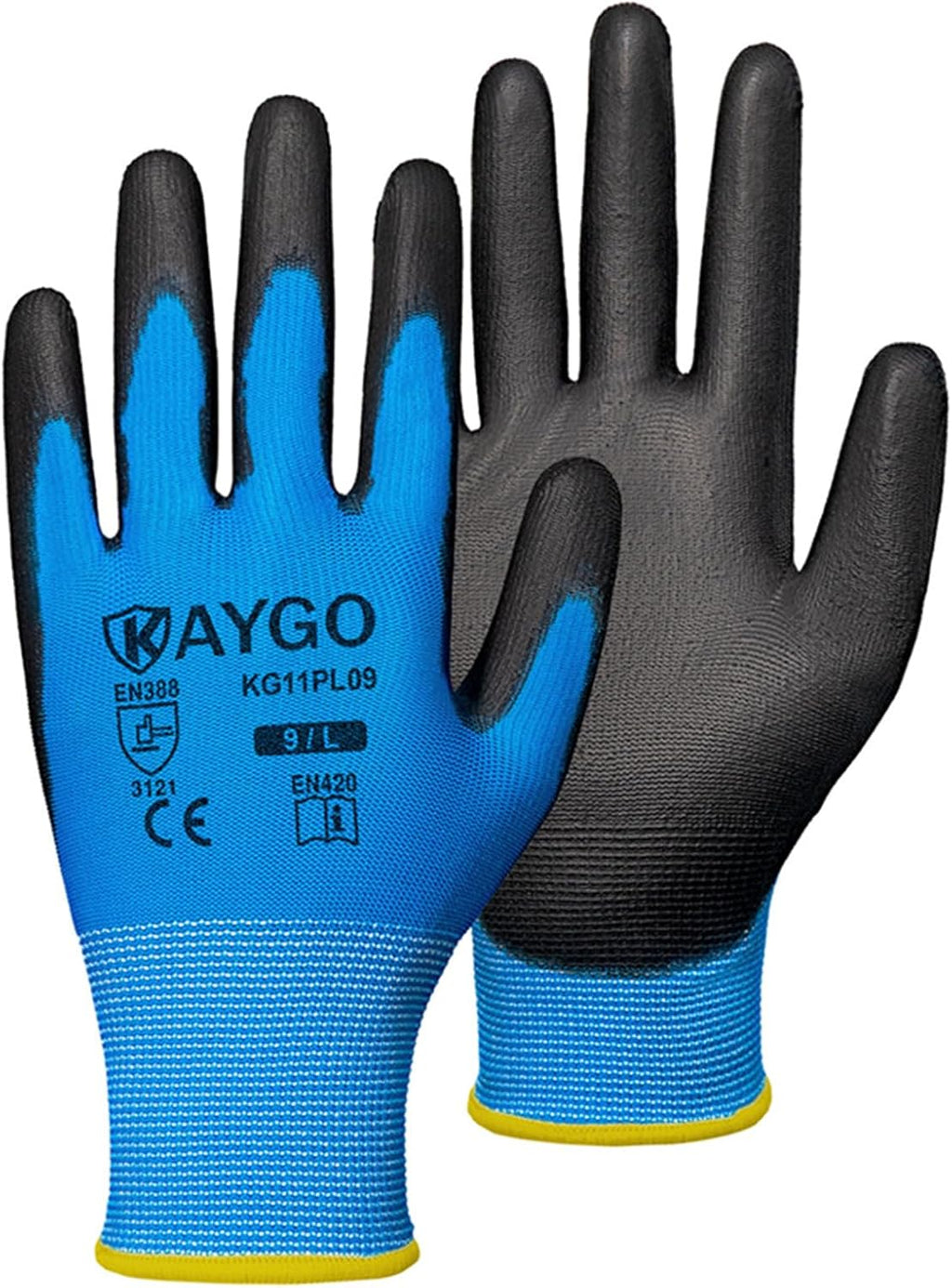 KAYGO Safety Work Gloves PU Coated-60 Pairs Seamless Knit Glove with Polyurethane Coated Smooth Grip on Palm & Fingers, for Men and Women, Ideal for General Duty Work, KG11P (L,Blue)