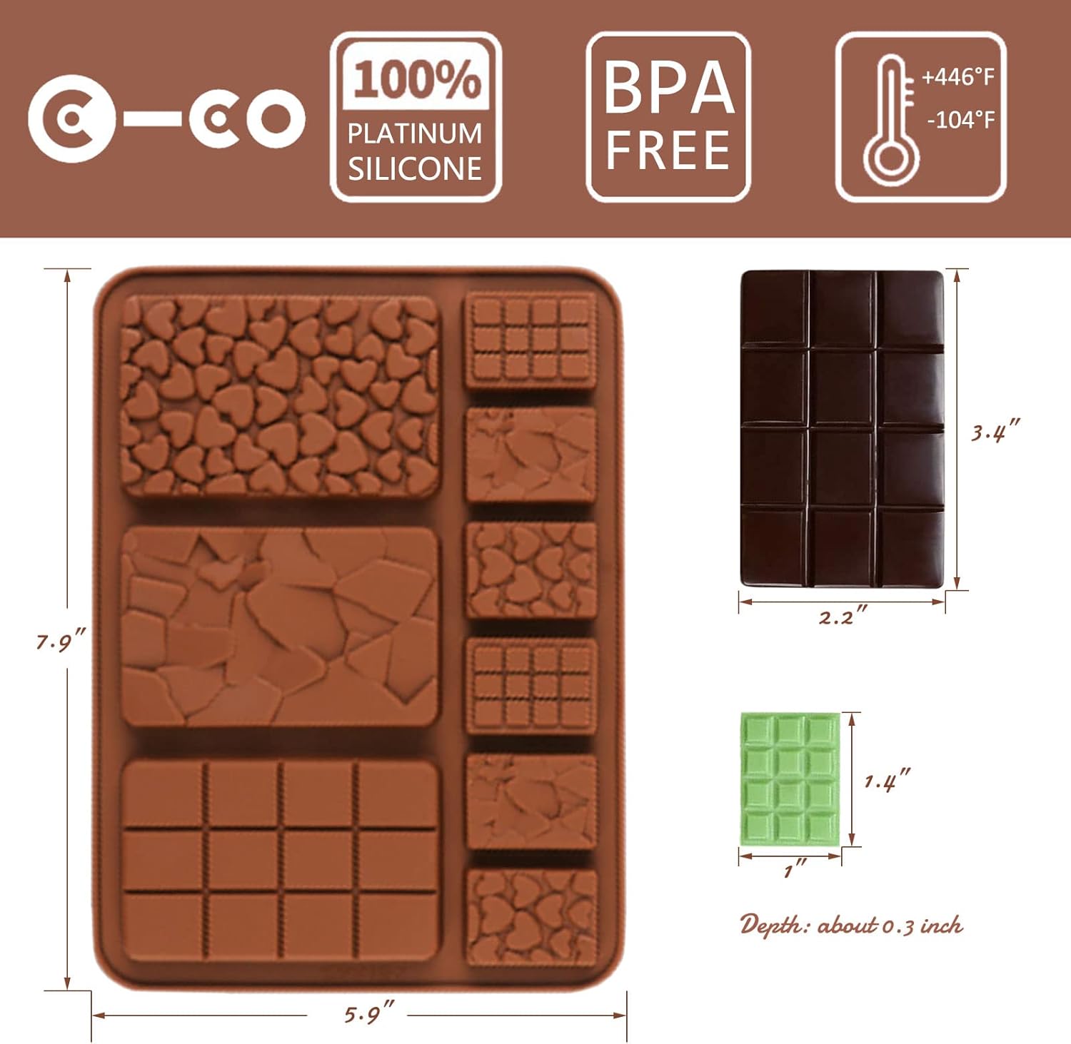 C-CO Food Grade Break-Apart Chocolate Molds, Set of 4 Packs Non-Stick Silicone Protein and Energy Bar Molds