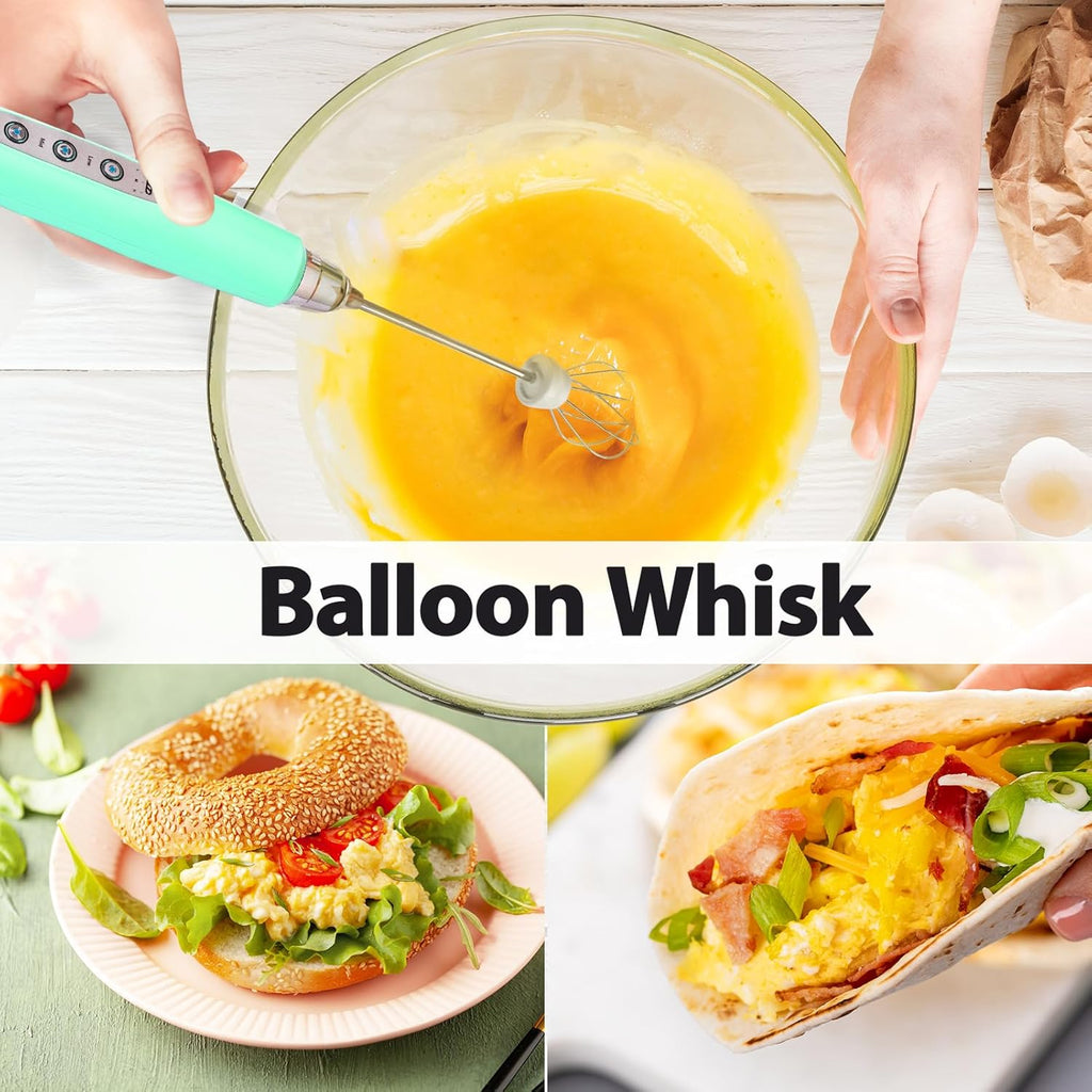 Milk Frother with Stand Rechargeable- Handheld Coffee Frother with 3 Stainless Whisks 3 Speed Adjustable, Electric Whisk Drink Mixer, Foam Maker Blender for Matcha Latte Cappuccino Chocolate