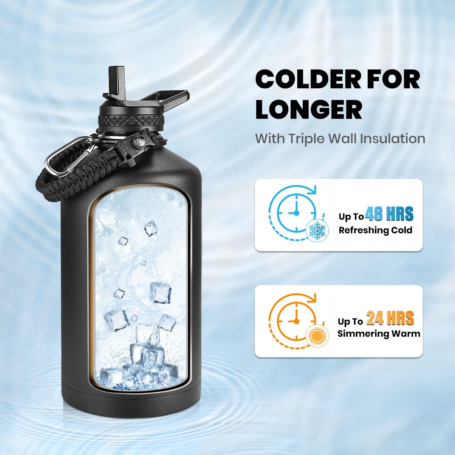 One Gallon Water Bottle Insulated, Triple Walled Vacuum Stainless Steel (Cold for 48 Hrs), Leak Proof & Non-BPA, Large Water Flask Jug with Paracord Handle & Straw Spout Lids