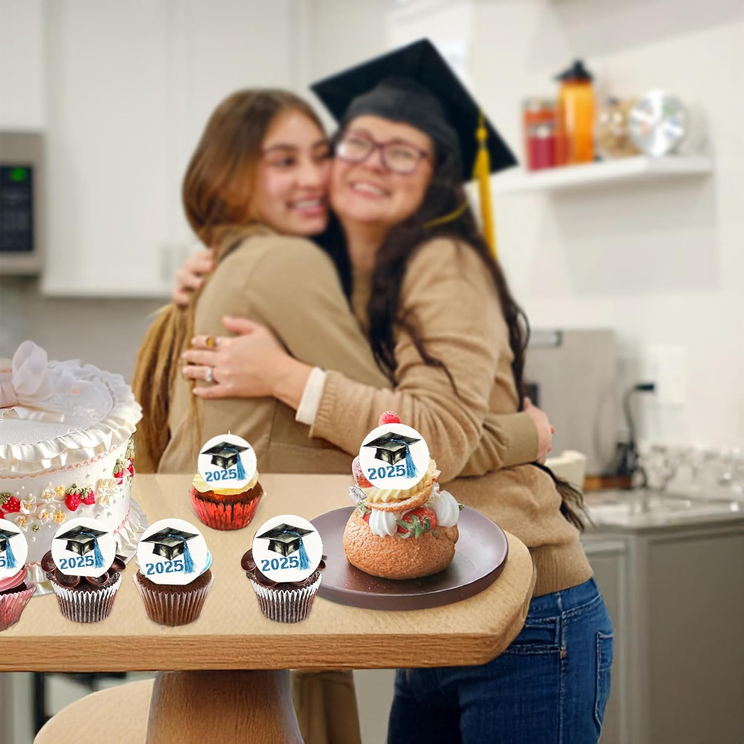 Gyufise 48Pcs Edible 2025 Graduation Cap Cupcake Toppers Wafer Paper Class of 2025 Grad Cap Cupcake Picks for 2025 Graduation Theme Party Cake Decorations Supplies Blue