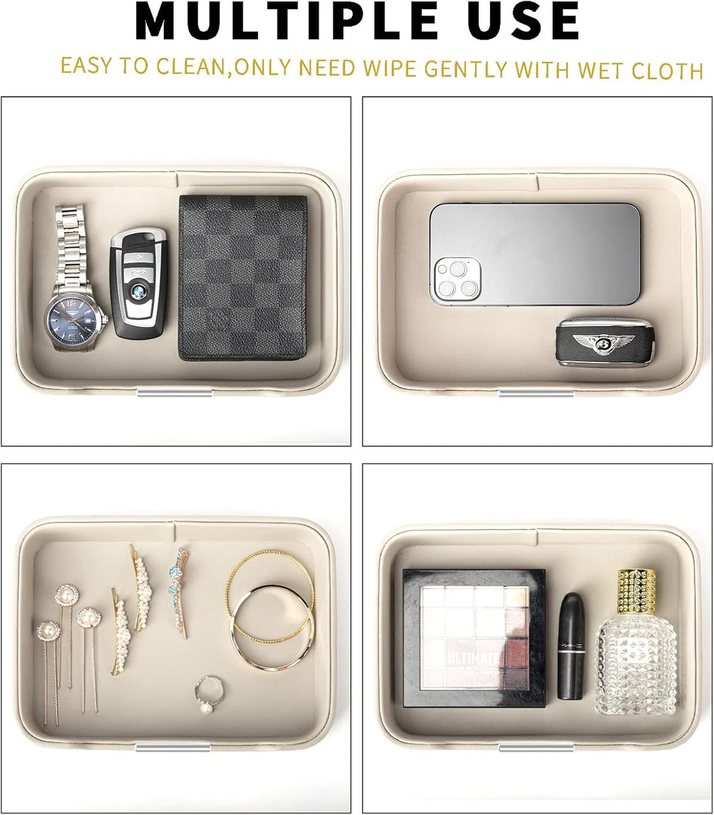 SANZIE Luxury Leather Tray Desktop Storage Catchall Organizer Decorative Tray for Entryway Table to Hold Jewelry Watch Keys Phone Wallet (Metal Silvered, Grey)