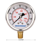 MEASUREMAN Lead-Free Pressure Gauge, 2-1/2inch Dial, Glycerin Filled, 0-160psi/kpa, Stainless Steel Case, 1/4inchNPT Lower Mount